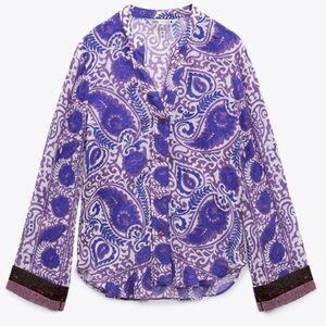 Zara Purple Paisley Printed Blouse with Beaded Sleeves